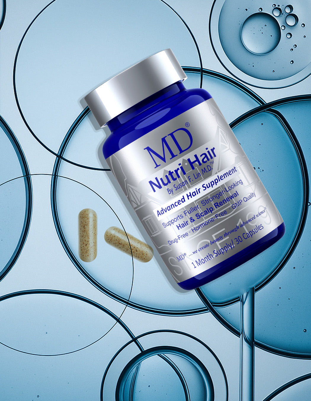 easy-to-swallow capsule from MD Nutri Hair bottle, showing actual capsule size – natural hair growth supplement from MD Hair with plant-based ingredients