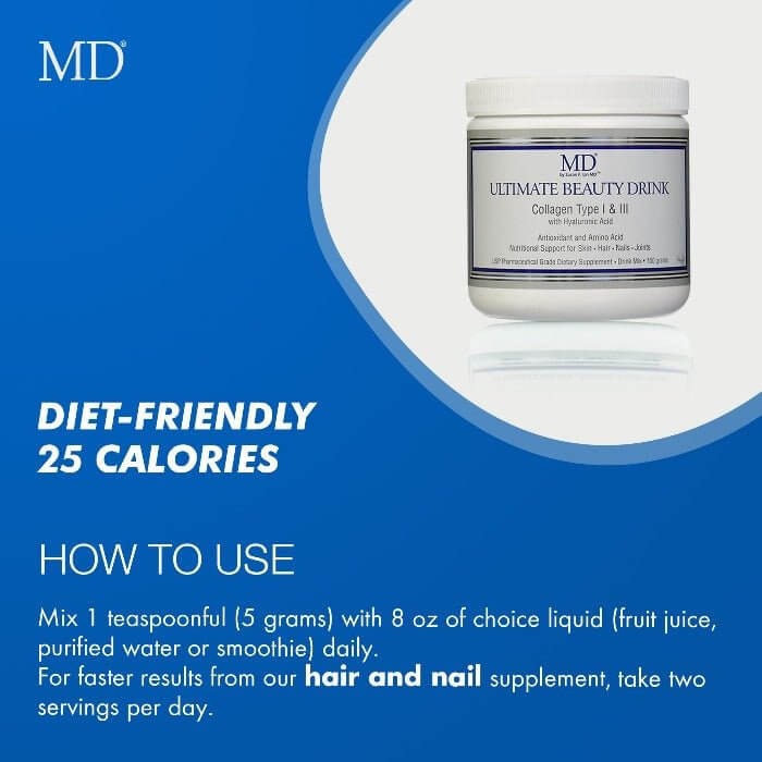 MD Ultimate Beauty Drink is diet-friendly with only 25 calories per serving; mix 1 scoop daily in water, juice, or a morning shake
