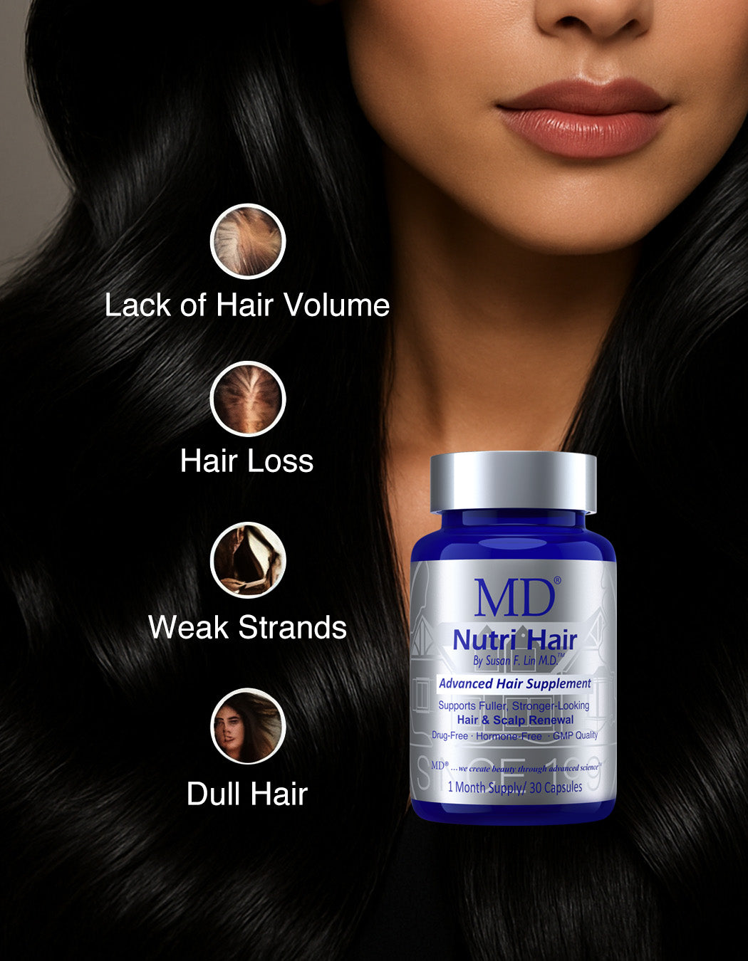 MD Nutri Hair targets hair loss, weak strands, and dullness. Physician-formulated supplement to restore hair volume and natural shine
