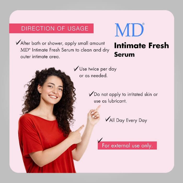 MD Intimate Fresh directions: apply externally twice daily after shower or bath to intimate areas and skin folds for lasting freshness | MD Wellness

