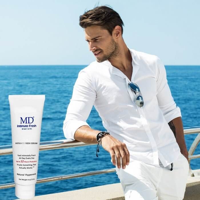 Sophisticated man with MD® Intimate Fresh—leave-on hygiene serum for daily intimate care and skin fold freshness | MD Wellness

