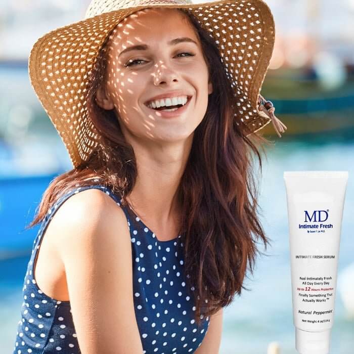 Confident young woman with MD® Intimate Fresh—daily leave-on serum for feminine hygiene, freshness, and skin fold care | MD Wellness

