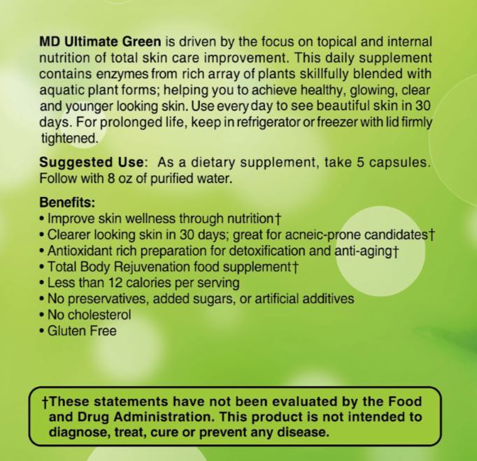 MD Ultimate Green product label showing suggested use, benefits, and description of vegan detox and wellness supplement from MD Wellness