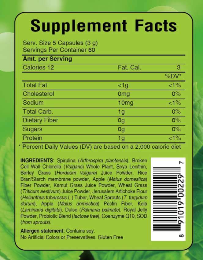 MD Ultimate Green label with supplement facts, full ingredient list, and UPC code from MD Wellness vegan detox supplement
